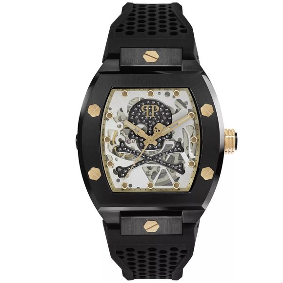 Philipp Plein Other - PHILIPP PLEIN Men's Automatic The $keleton Black & Gold-Tone Tonneau Strap Watch